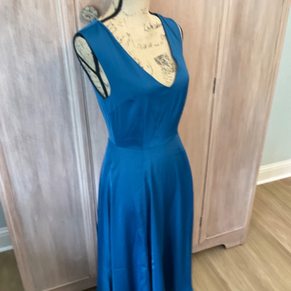 Modcloth Blue Fit Flare Sleeveless Midi Dress wedding party V neck sleeve retro - Picture 13 of 14